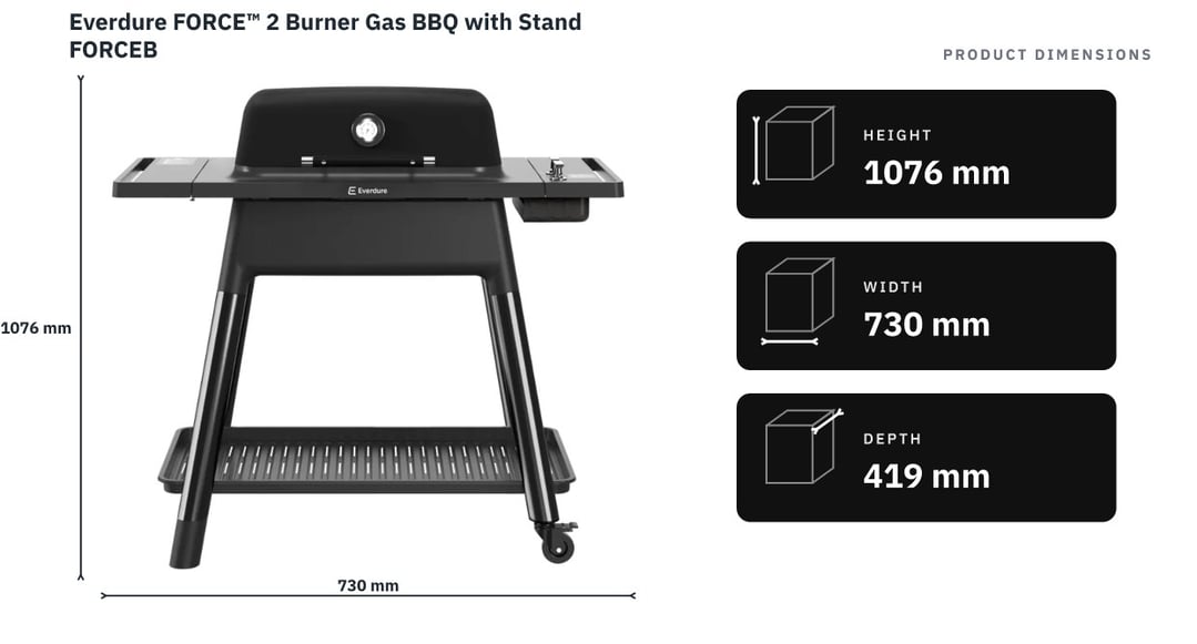 Everdure FORCE™ 2 Burner Gas BBQ with Stand FORCEB — product dimensions