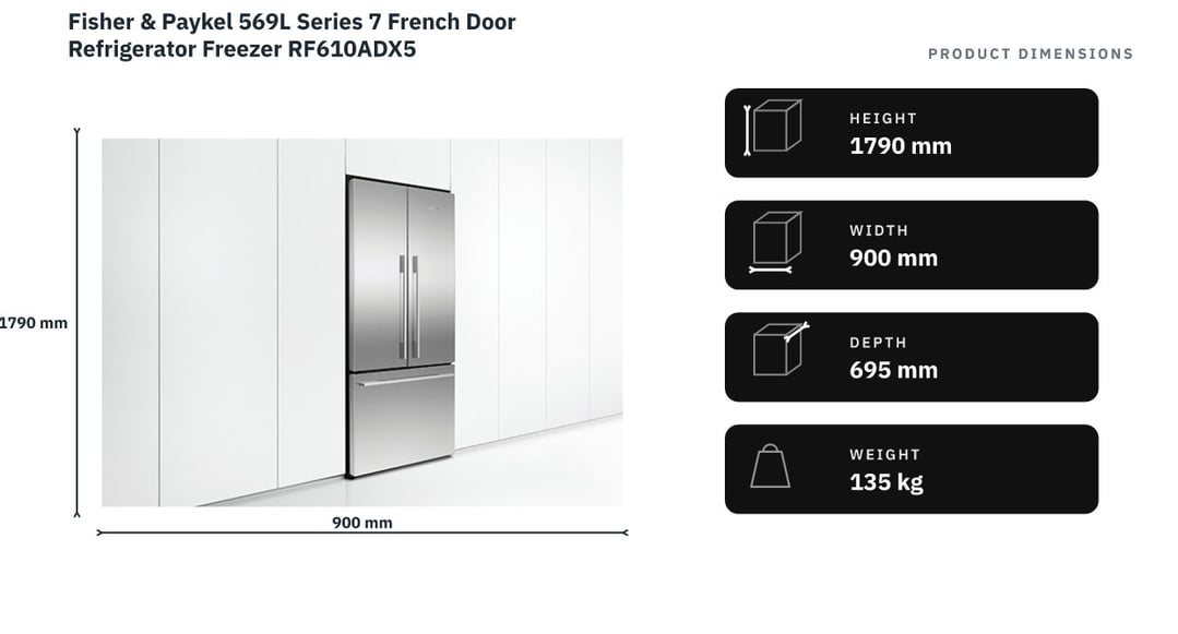 Fisher & Paykel 569L Series 7 French Door Refrigerator Freezer RF610ADX5 — product dimensions