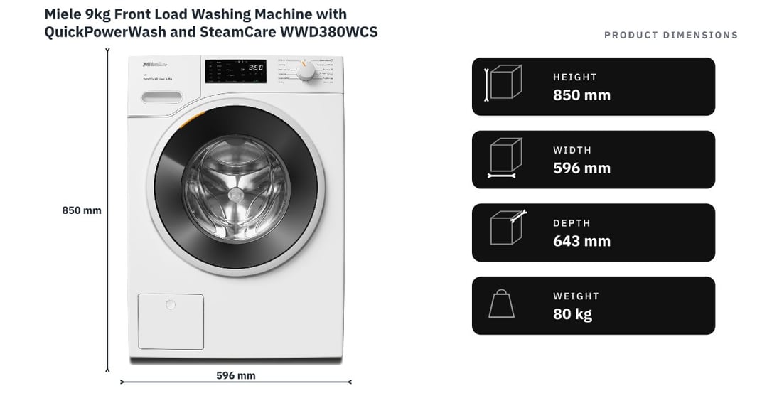 Miele 9kg Front Load Washing Machine with QuickPowerWash and SteamCare WWD380WCS — product dimensions