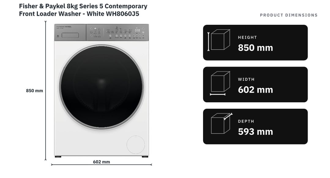 Fisher & Paykel 8kg Series 5 Contemporary Front Loader Washer - White WH8060J5 — product dimensions