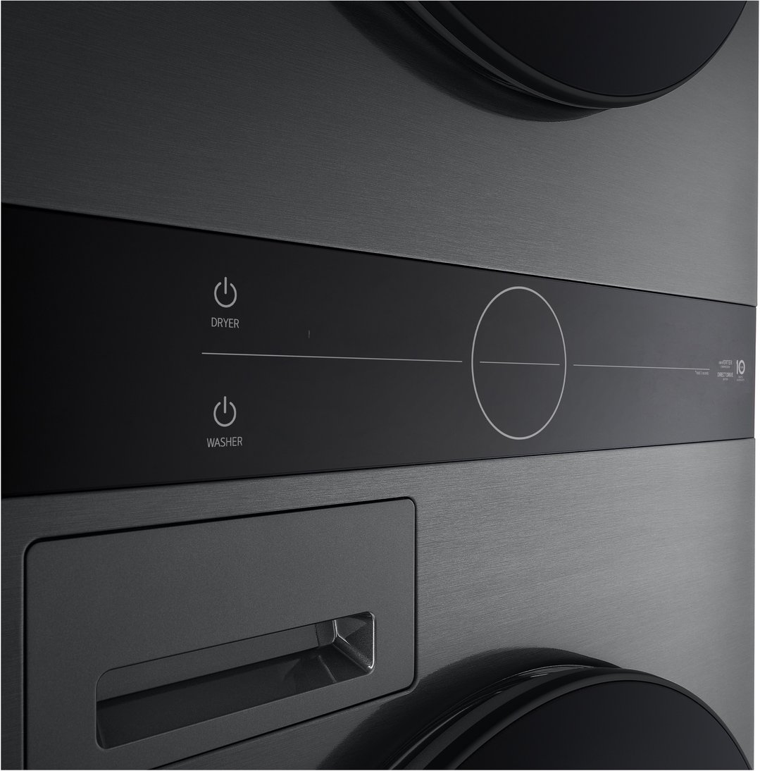 Close-up of the control panel on a black stacked washer dryer