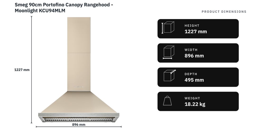 Smeg 90cm Portofino Canopy Rangehood - Moonlight KCU94MLM — product dimensions