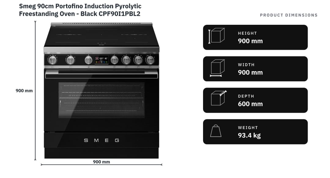 Smeg 90cm Portofino Induction Pyrolytic Freestanding Oven - Black CPF90I1PBL2 — product dimensions