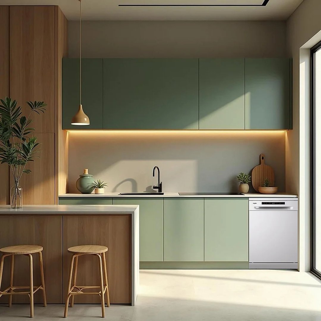 White freestanding dishwasher in a modern kitchen with green cabinets and wooden accents