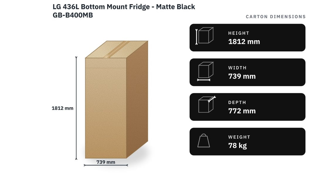 LG 436L Bottom Mount Fridge - Matte Black GB-B400MB — packaged dimensions