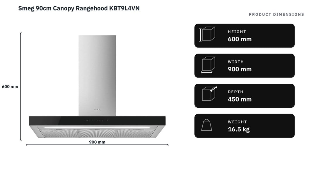 Smeg 90cm Canopy Rangehood KBT9L4VN — product dimensions