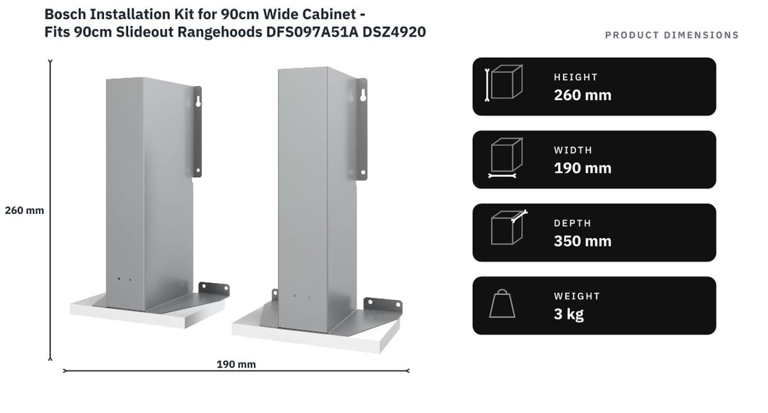 Bosch Installation Kit for 90cm Wide Cabinet - Fits 90cm Slideout Rangehoods DFS097A51A DSZ4920 — product dimensions
