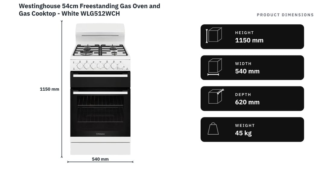 Westinghouse 54cm Freestanding Gas Oven and Gas Cooktop - White WLG512WCH — product dimensions