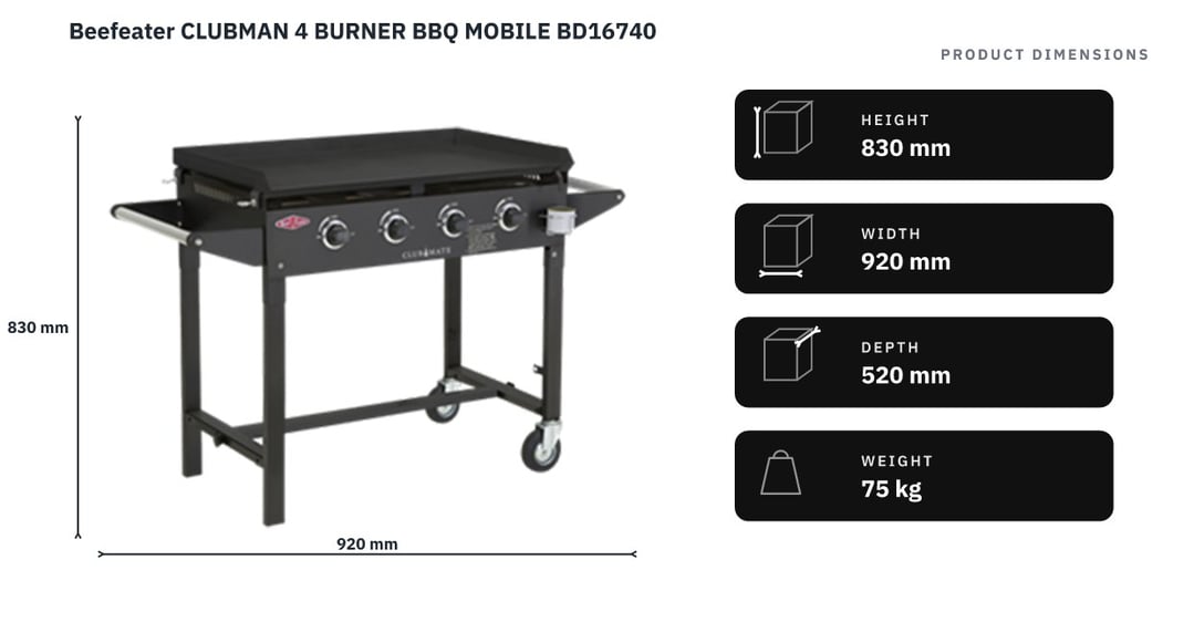 Beefeater CLUBMAN 4 BURNER BBQ MOBILE BD16740 — product dimensions
