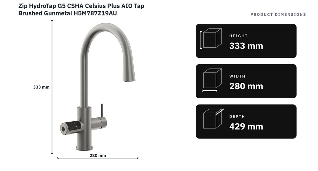 Zip HydroTap G5 CSHA Celsius Plus AIO Tap Brushed Gunmetal H5M787Z19AU — product dimensions