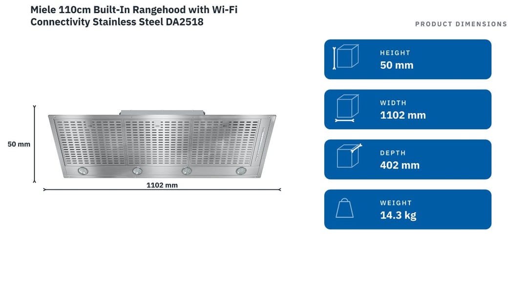 Miele 110cm Built-In Rangehood with Wi-Fi Connectivity Stainless Steel DA2518 — product dimensions