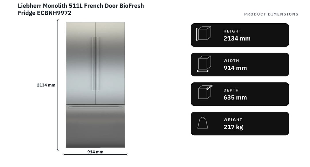 Liebherr Monolith 511L French Door BioFresh Fridge ECBNH9972 — product dimensions