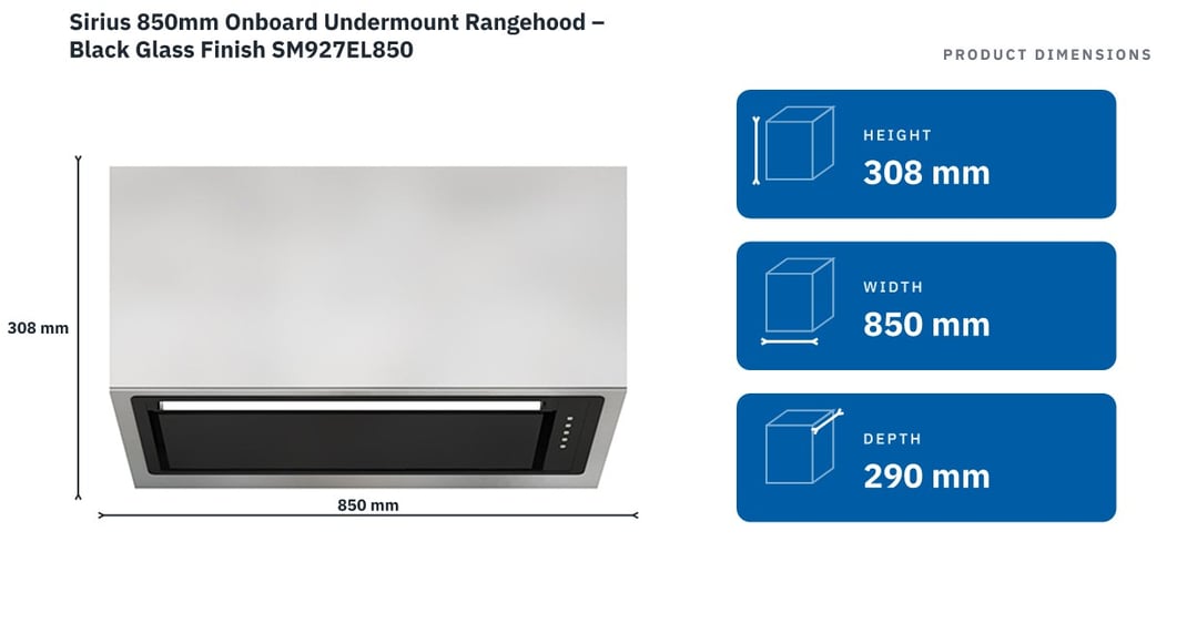 Sirius 850mm Onboard Undermount Rangehood – Black Glass Finish SM927EL850 — product dimensions