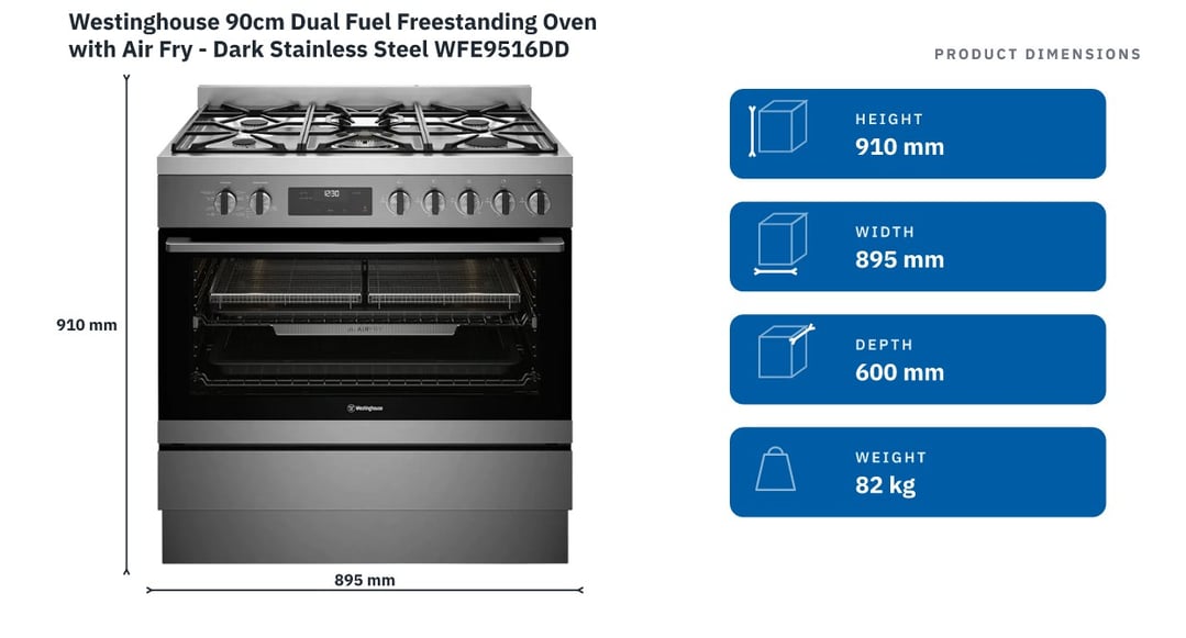 Westinghouse 90cm Dual Fuel Freestanding Oven with Air Fry - Dark Stainless Steel WFE9516DD