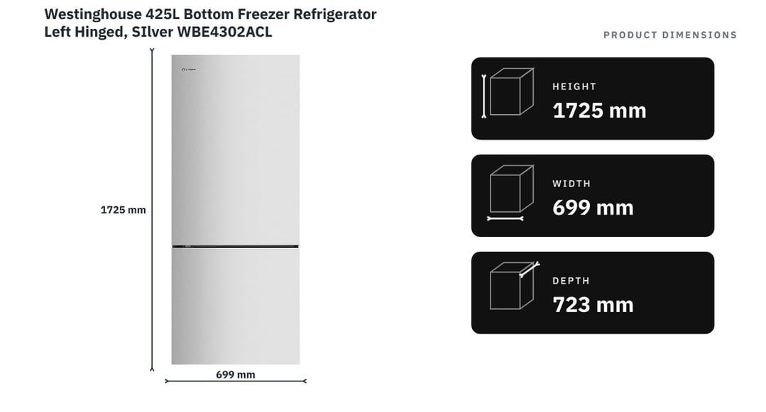 Westinghouse 425L Bottom Freezer Refrigerator Left Hinged, SIlver WBE4302ACL — product dimensions