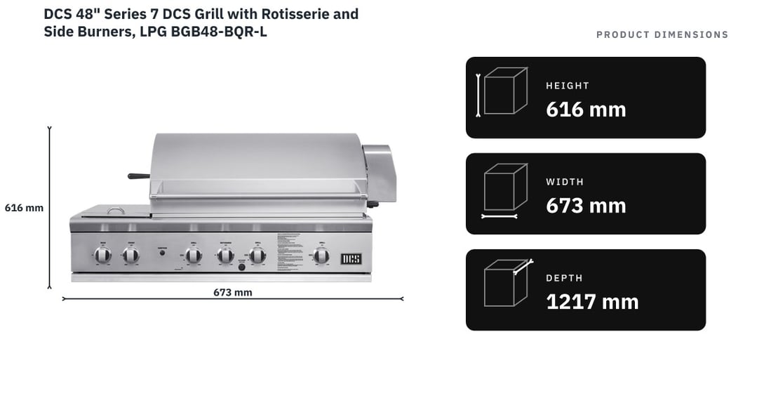 DCS 48" Series 7 DCS Grill with Rotisserie and Side Burners, LPG BGB48-BQR-L — product dimensions