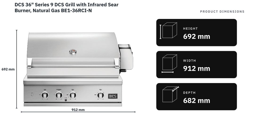 DCS 36" Series 9 DCS Grill with Infrared Sear Burner, Natural Gas BE1-36RCI-N — product dimensions