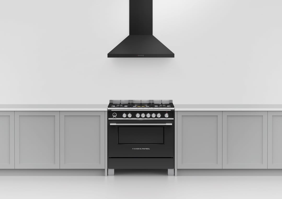Black Fisher & Paykel 90cm Series 9 Classic 5 Burner Dual Fuel Pyrolytic Cooker in a kitchen