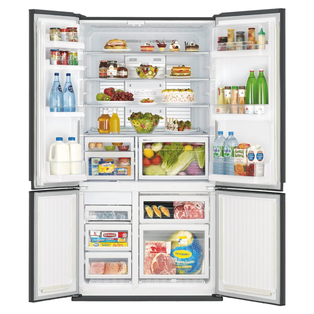 Open French door refrigerator filled with various food items and drinks