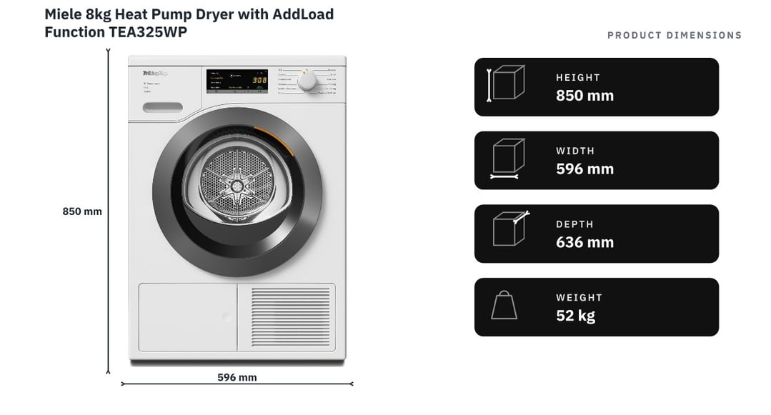 Miele 8kg Heat Pump Dryer with AddLoad Function TEA325WP — product dimensions