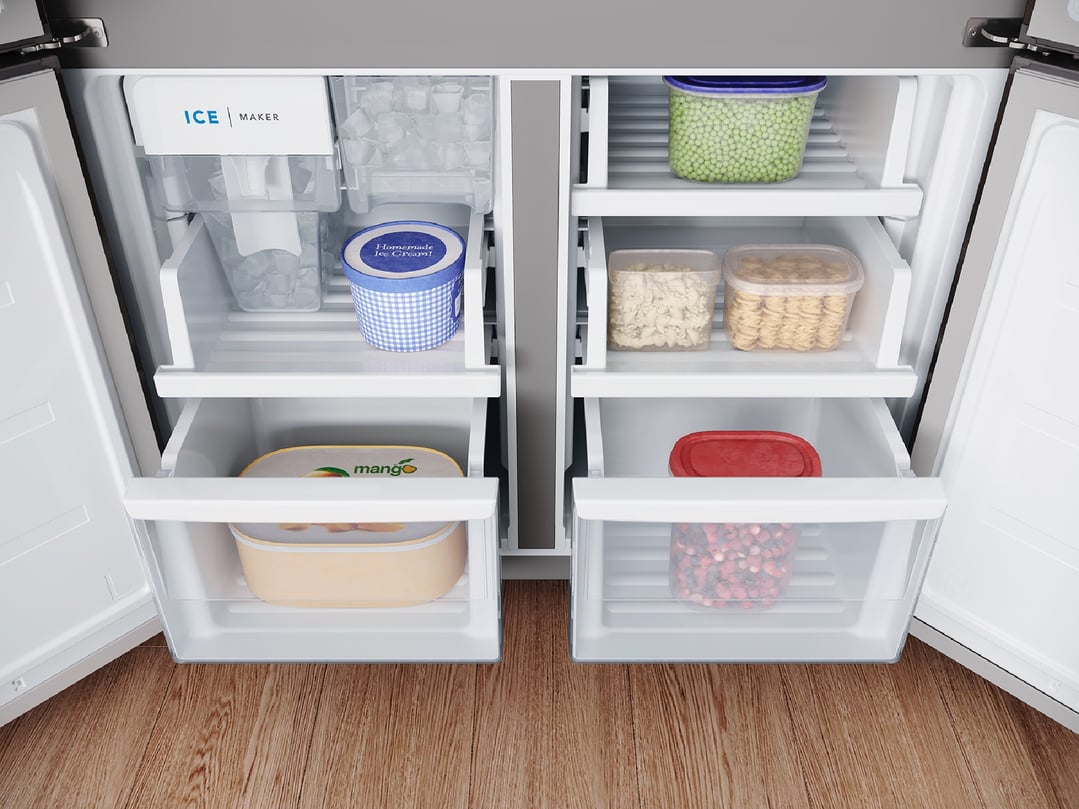 Open quad door fridge showing interior shelves with food items
