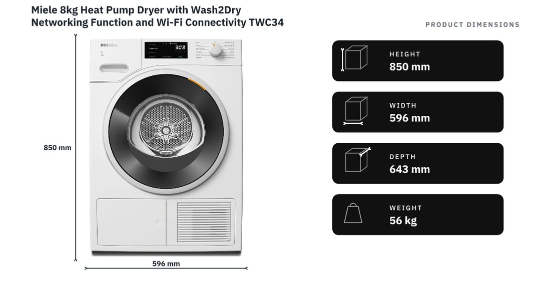 Miele 8kg Heat Pump Dryer with Wash2Dry Networking Function and Wi-Fi Connectivity TWC340WP — product dimensions