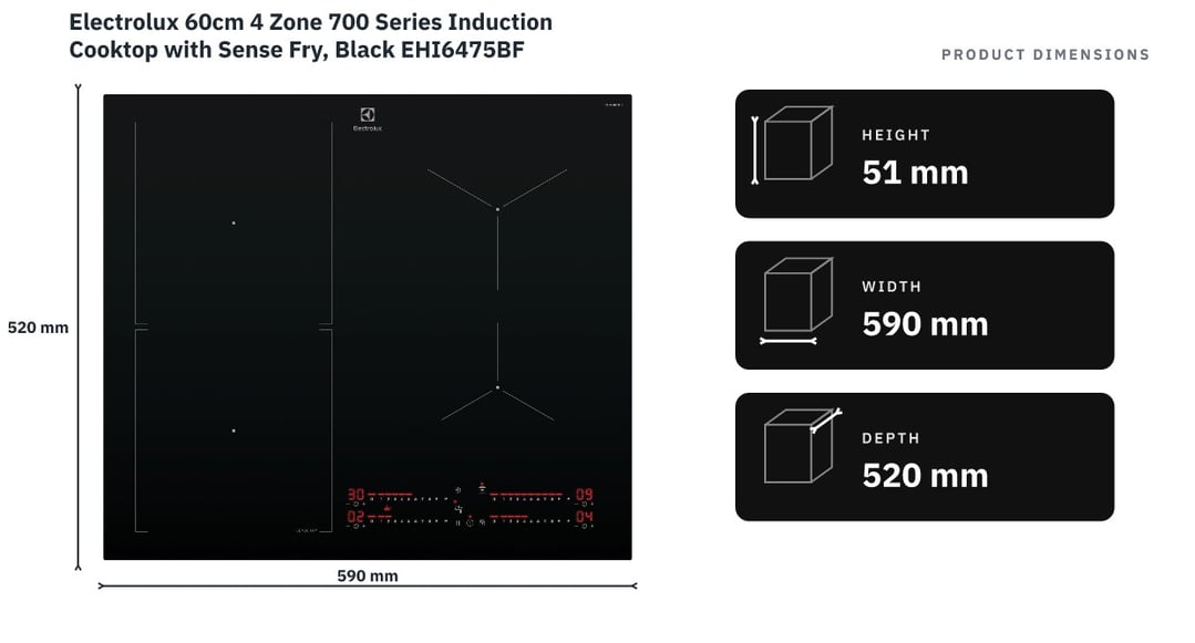 Electrolux 60cm 4 Zone 700 Series Induction Cooktop with Sense Fry, Black EHI6475BF — product dimensions