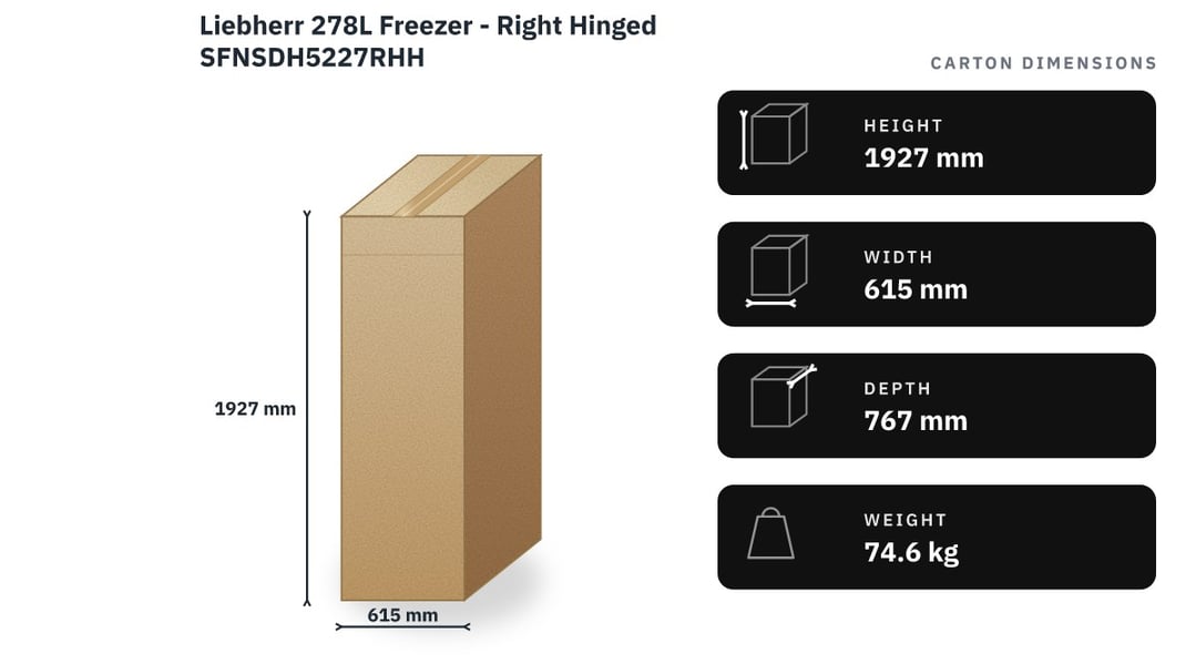 Liebherr 278L Freezer - Right Hinged SFNSDH5227RHH — packaged dimensions