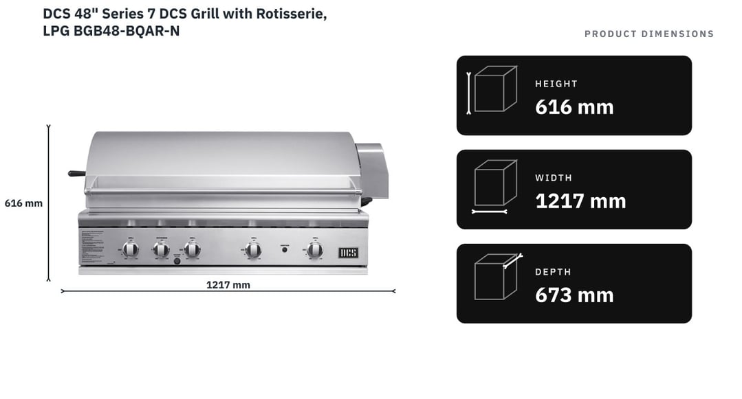 DCS 48" Series 7 DCS Grill with Rotisserie, LPG BGB48-BQAR-N — product dimensions