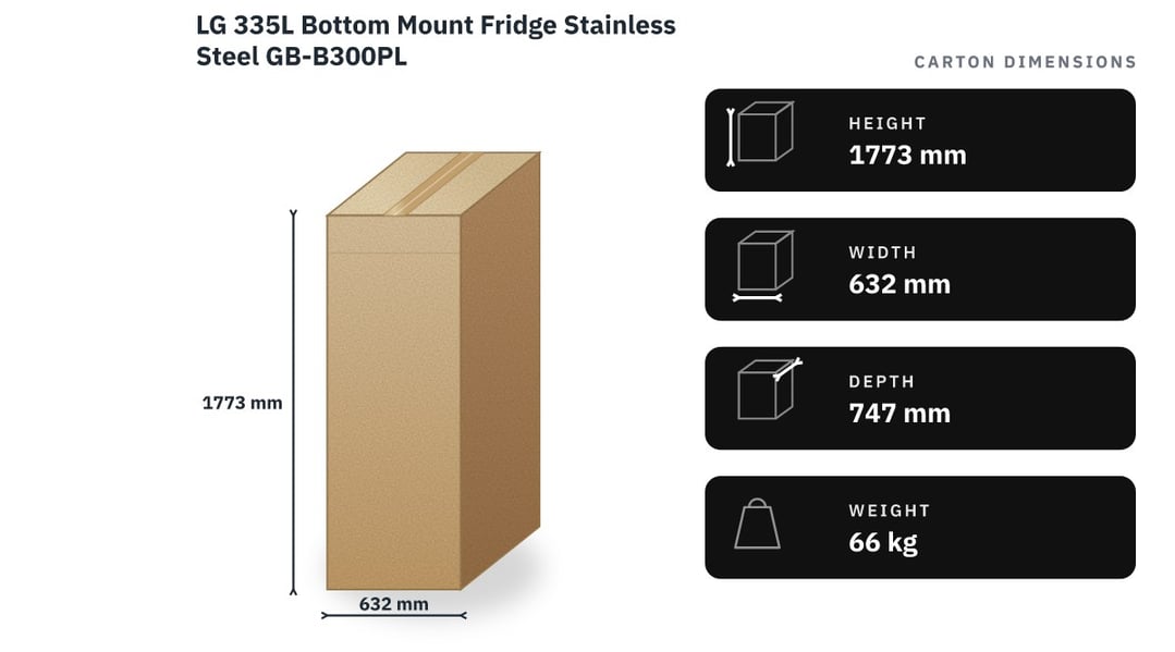 LG 335L Bottom Mount Fridge Stainless Steel GB-B300PL — packaged dimensions