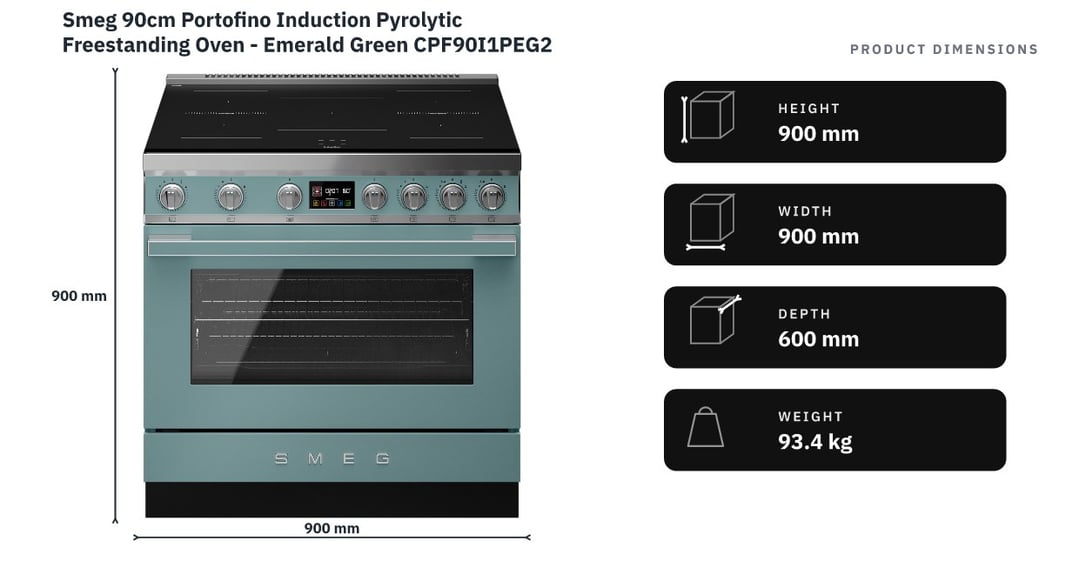 Smeg 90cm Portofino Induction Pyrolytic Freestanding Oven - Emerald Green CPF90I1PEG2 — product dimensions