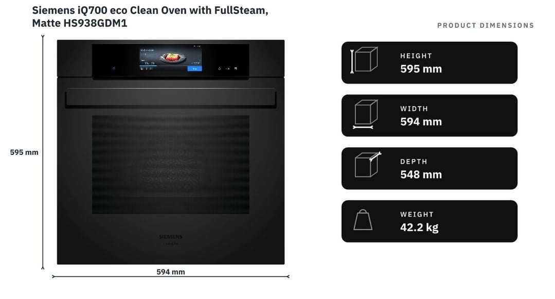 Siemens iQ700 eco Clean Oven with FullSteam, Matte HS938GDM1 — product dimensions