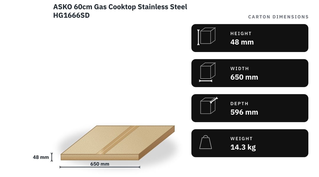 ASKO 60cm Gas Cooktop Stainless Steel HG1666SD — packaged dimensions