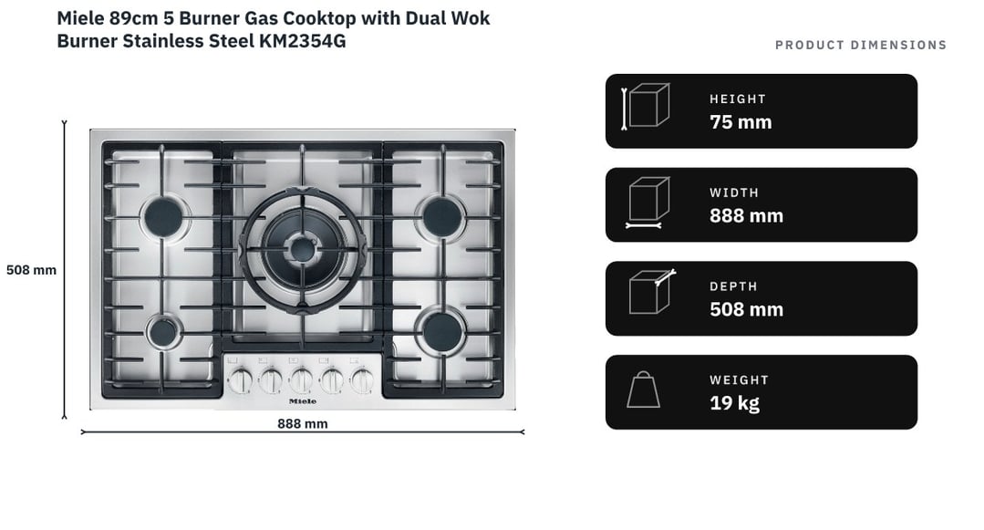 Miele 89cm 5 Burner Gas Cooktop with Dual Wok Burner Stainless Steel KM2354G — product dimensions