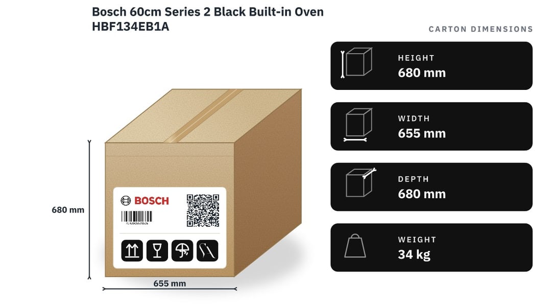 Bosch 60cm Series 2 Black Built-in Oven HBF134EB1A — packaged dimensions