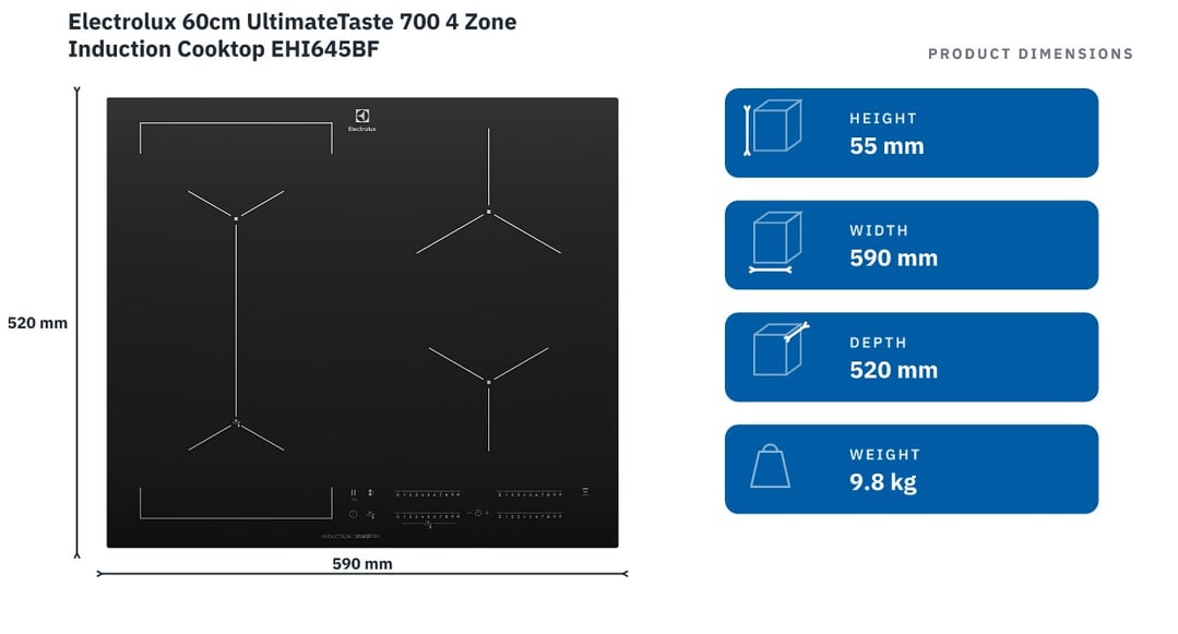 Electrolux 60cm UltimateTaste 700 4 Zone Induction Cooktop EHI645BF — product dimensions