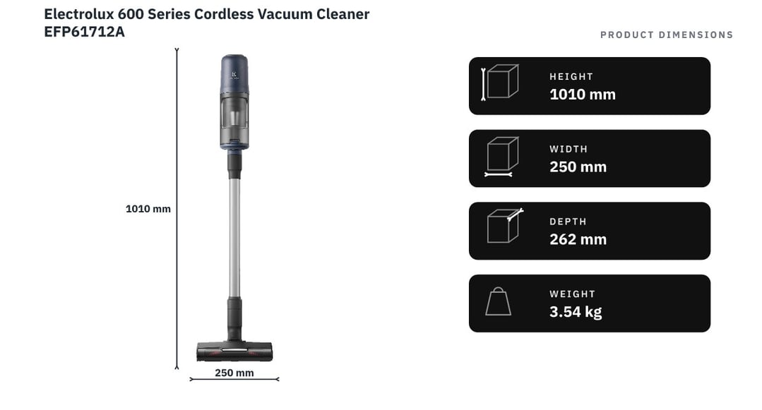 Electrolux 600 Series Cordless Vacuum Cleaner EFP61712A — product dimensions