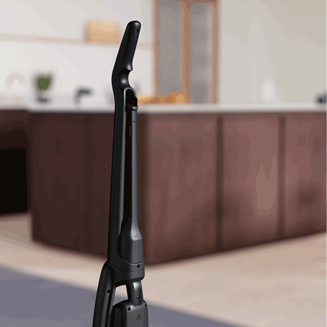 Black Electrolux Well Q7 Cordless Vacuum standing in a kitchen setting