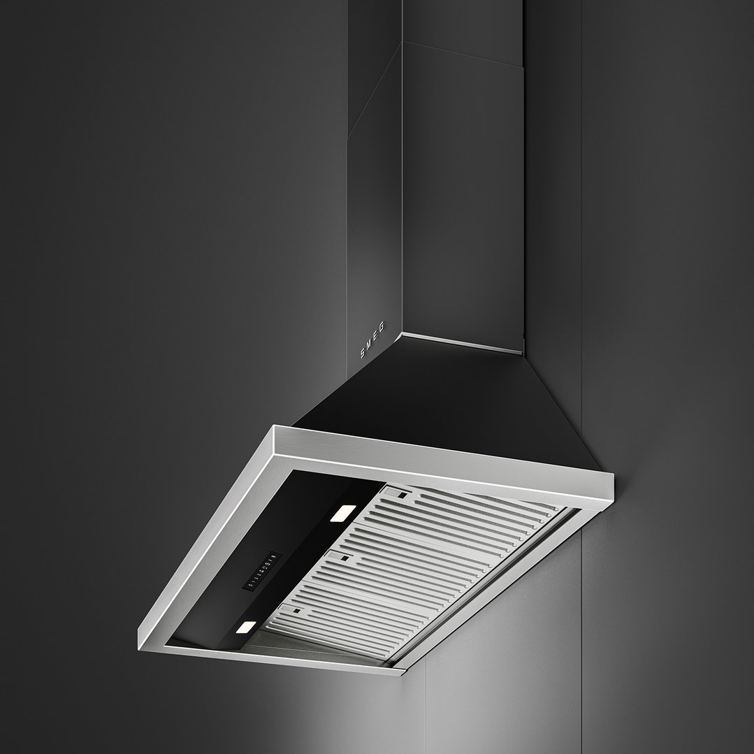 Anthracite canopy rangehood with stainless steel trim mounted on a dark wall