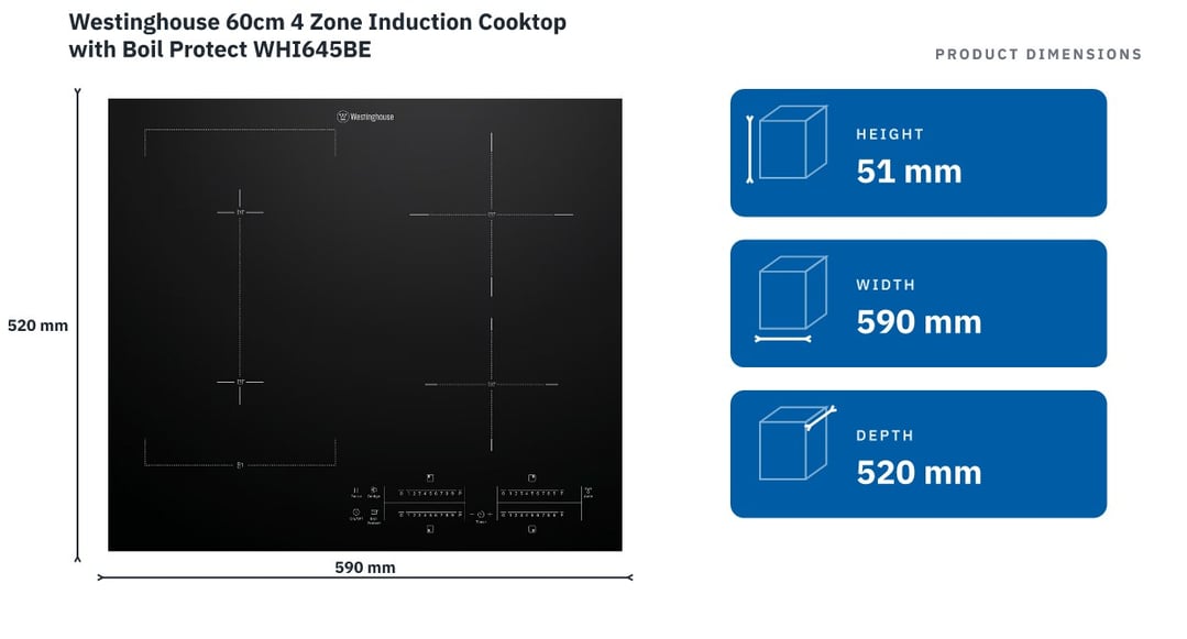 Westinghouse 60cm 4 Zone Induction Cooktop with Boil Protect WHI645BE — product dimensions