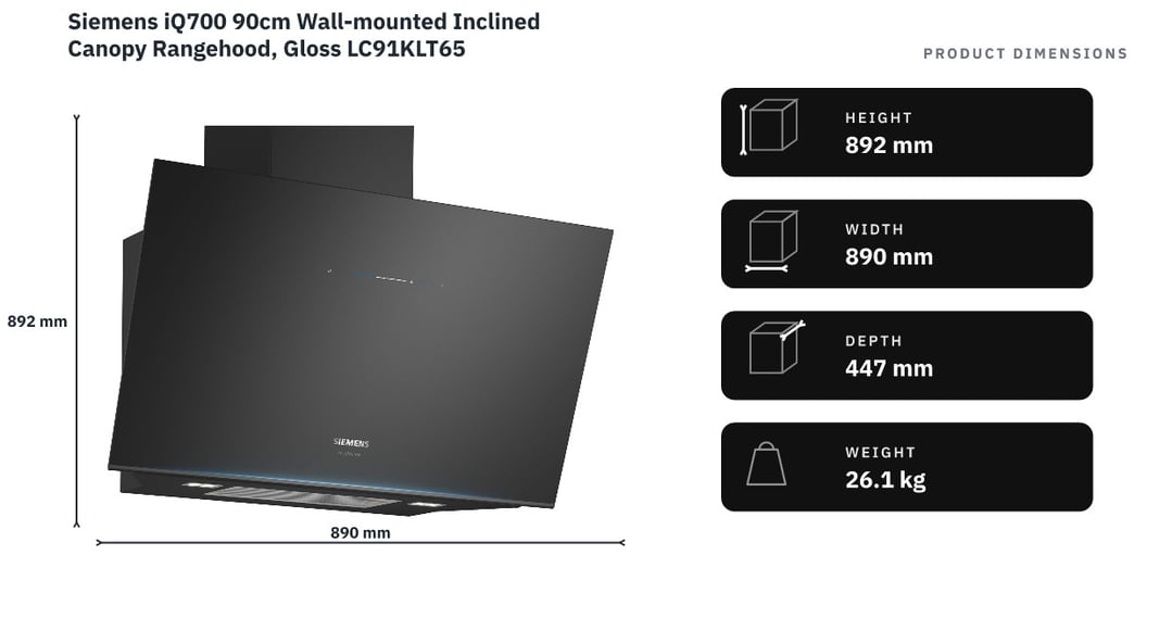 Siemens iQ700 90cm Wall-mounted Inclined Canopy Rangehood, Gloss LC91KLT65 — product dimensions