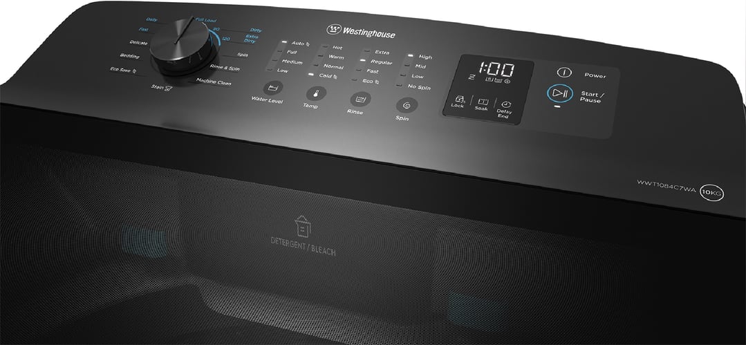 Close-up of a black Westinghouse top load washing machine control panel