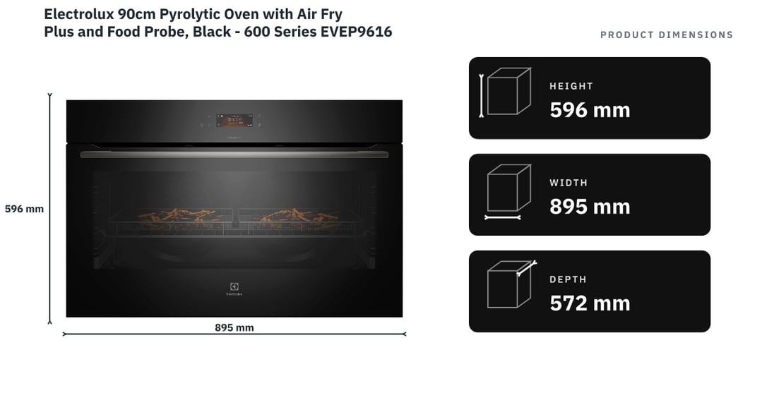 Electrolux 90cm Pyrolytic Oven with Air Fry Plus and Food Probe, Black - 600 Series EVEP9616DF — product dimensions