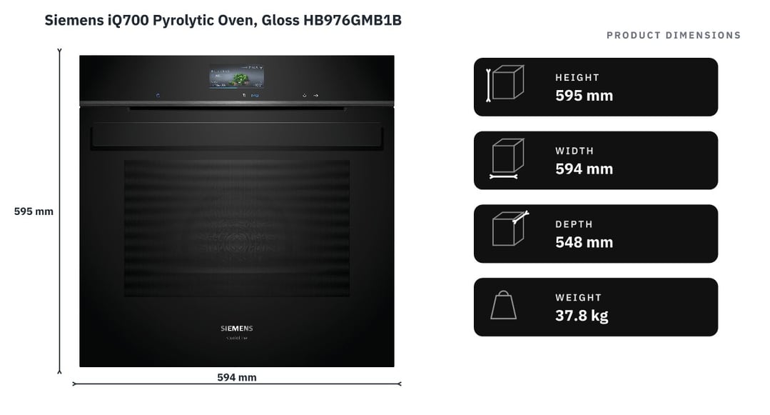 Siemens iQ700 Pyrolytic Oven, Gloss HB976GMB1B — product dimensions