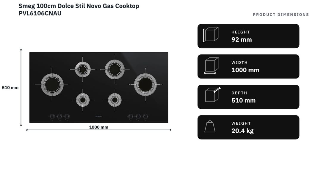 Smeg 100cm Dolce Stil Novo Gas Cooktop PVL6106CNAU — product dimensions