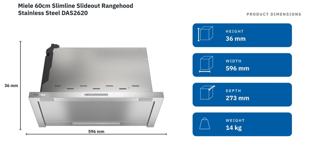 Miele 60cm Slimline Slideout Rangehood Stainless Steel DAS2620 — product dimensions