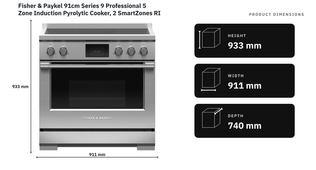 Fisher & Paykel 91cm Series 9 Professional 5 Zone Induction Pyrolytic Cooker, 2 SmartZones RIV3-915 — product dimensions