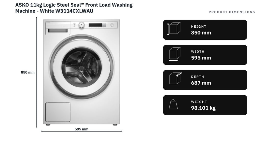 ASKO 11kg Logic Steel Seal™ Front Load Washing Machine - White W3114CXLWAU — product dimensions
