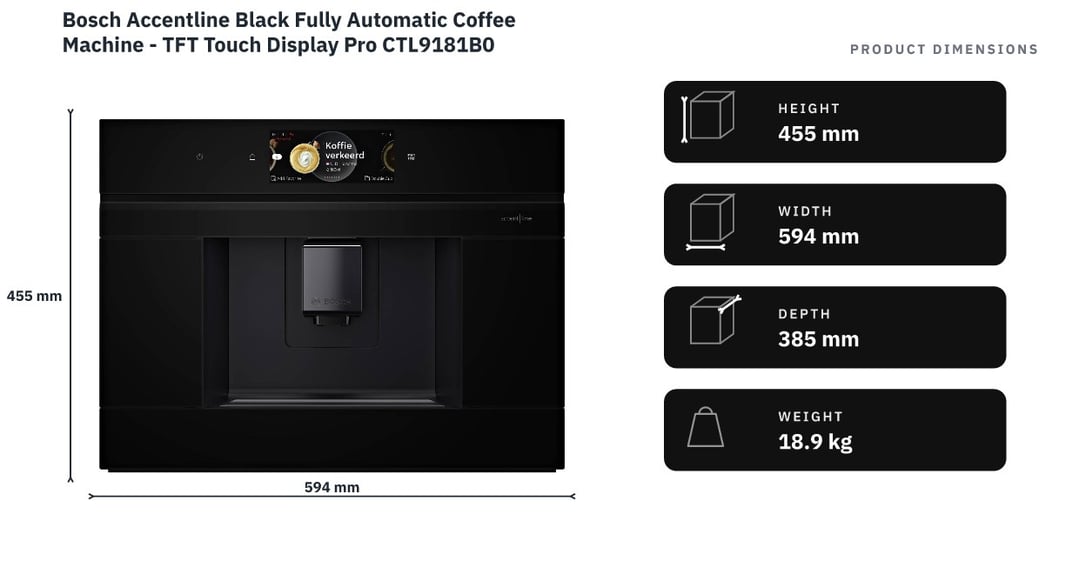 Bosch Accentline Black Fully Automatic Coffee Machine - TFT Touch Display Pro CTL9181B0 — product dimensions