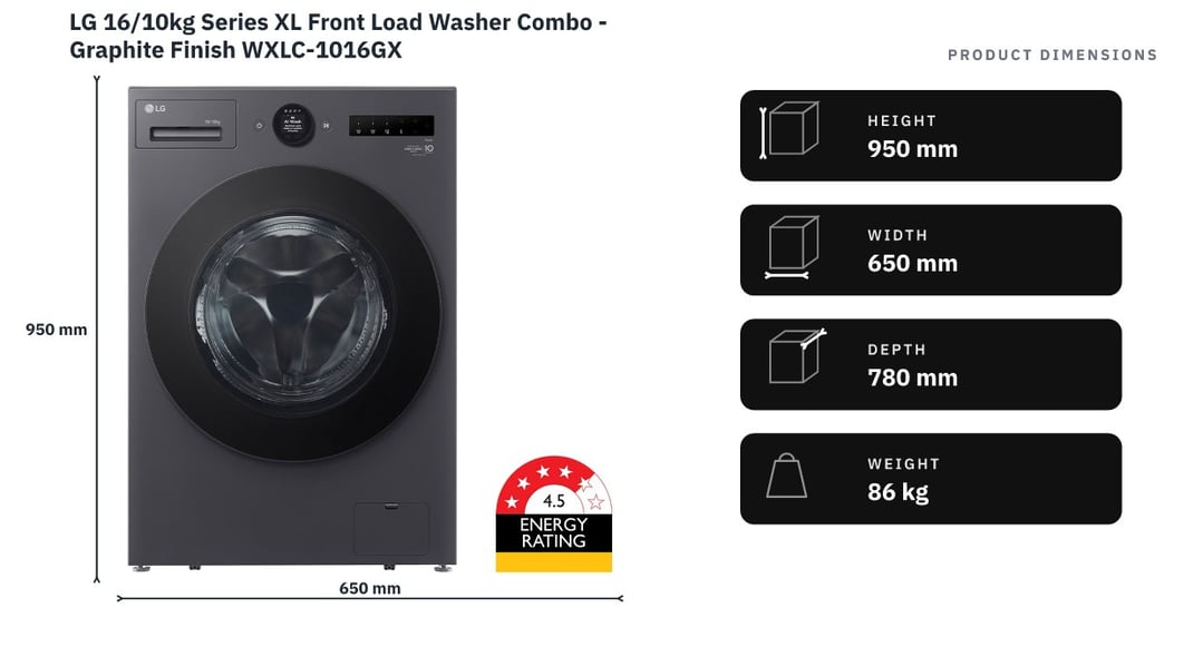 LG 16/10kg Series XL Front Load Washer Combo - Graphite Finish WXLC-1016GX — product dimensions